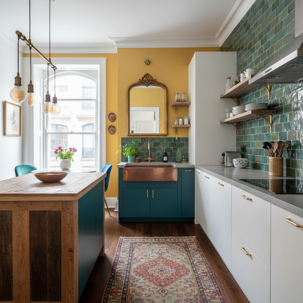 Show a small eclectic kitchen showcasing different styles and colors.