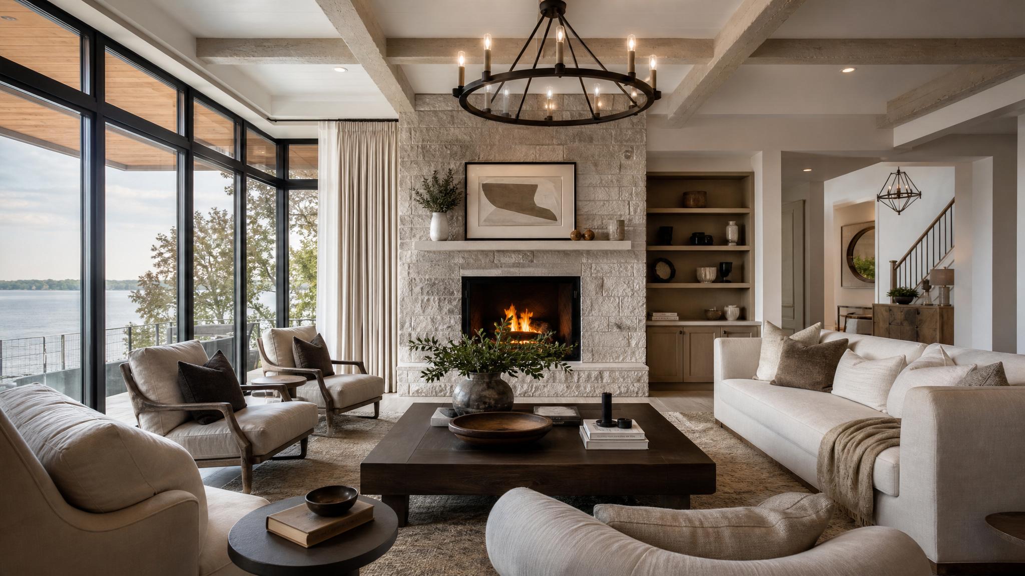 Luxurious living room with soft colors and elegant furnishings
