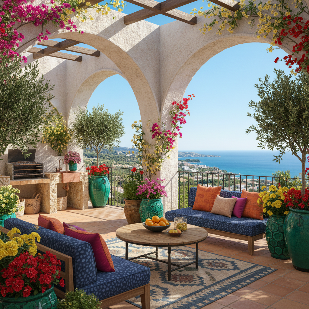 Show a beautifully designed Mediterranean terrace with vibrant colors and lush plants.