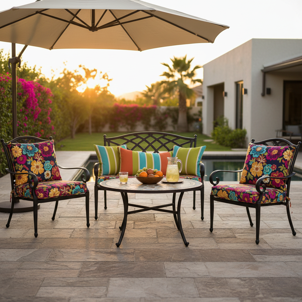 Illustrate patio furniture made of wrought iron with colorful cushions.