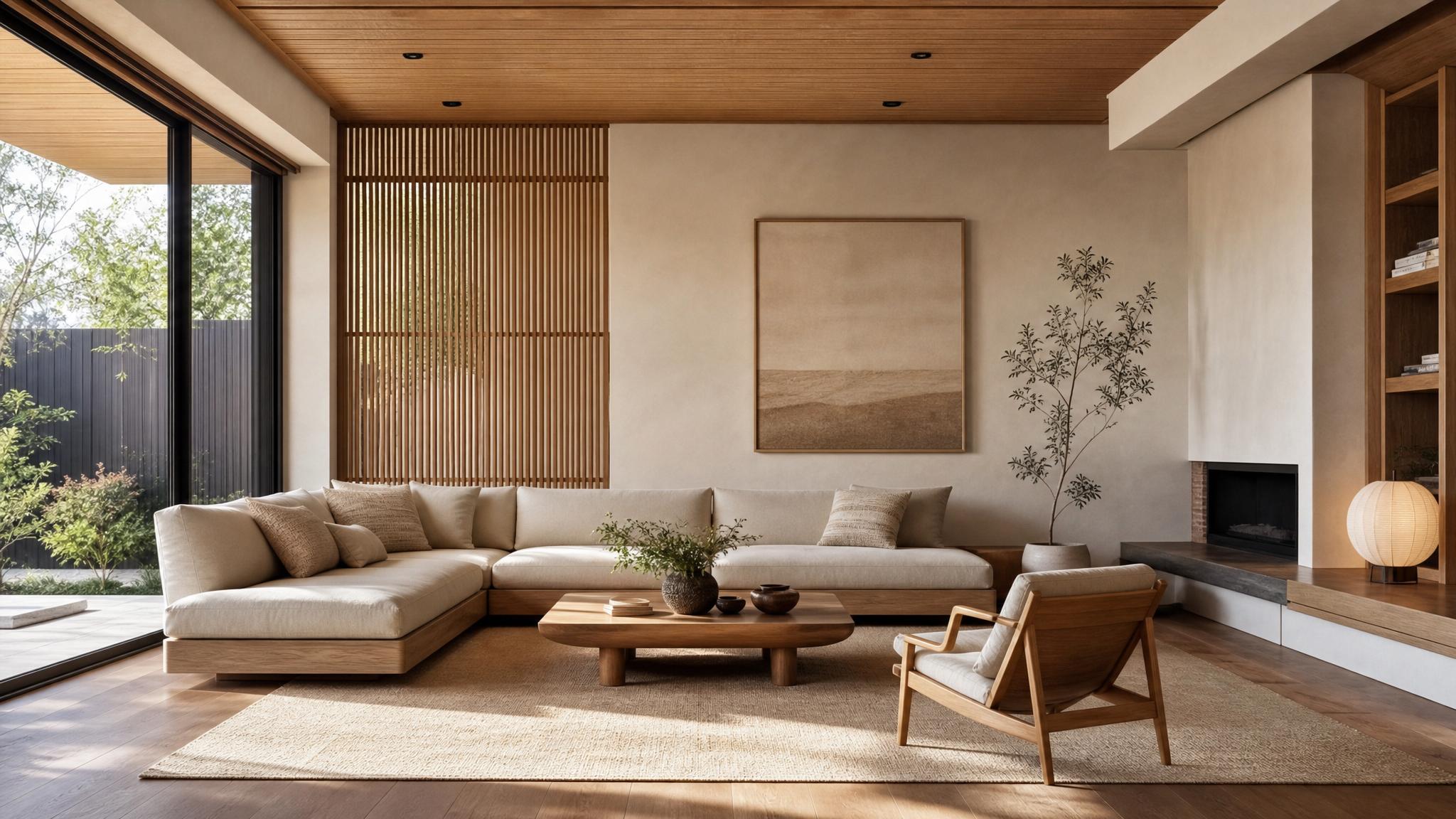 A beautiful Japandi living room with minimal furniture and natural wood elements