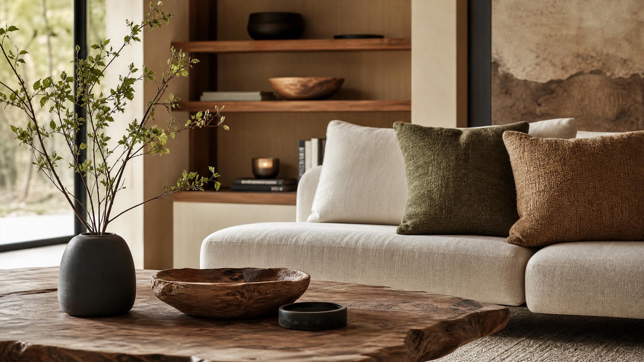 Close up of a Japandi living room color palette featuring earthy tones and textures