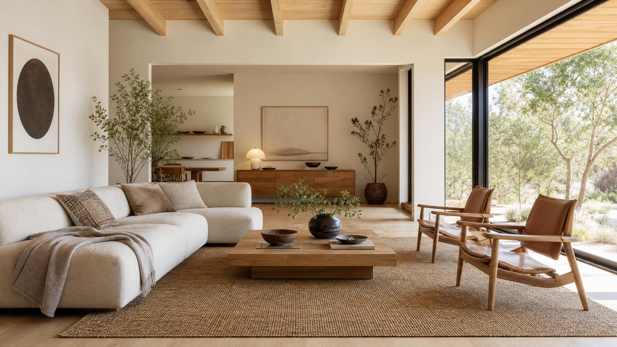 A bright and airy Japandi living room with large windows, showcasing natural light