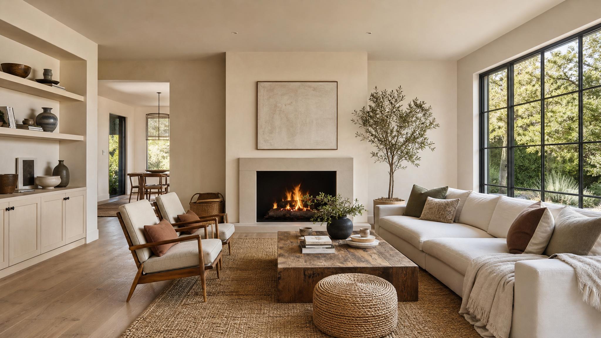 Image of a bright California modern living room with large windows and neutral tones.
