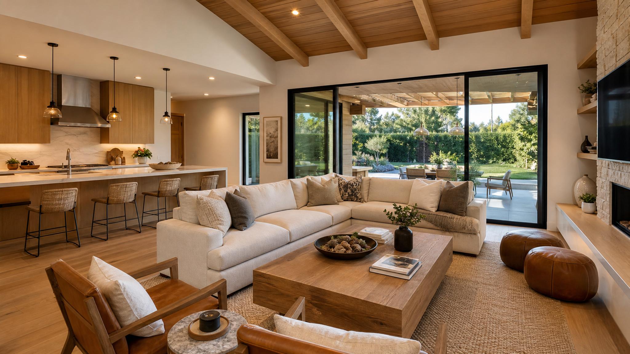 Image of a California modern living room with open concept layout, wooden elements, and large windows.