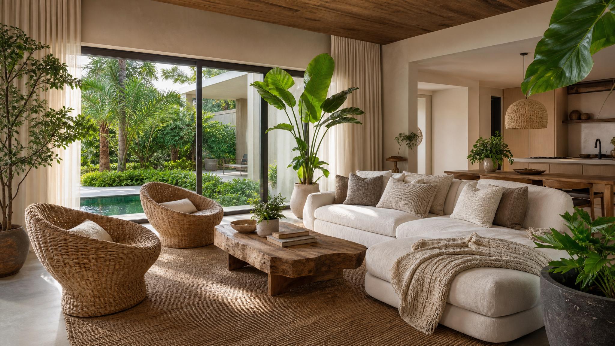 Image of a living room with eco-friendly materials, lots of greenery, and natural lighting.