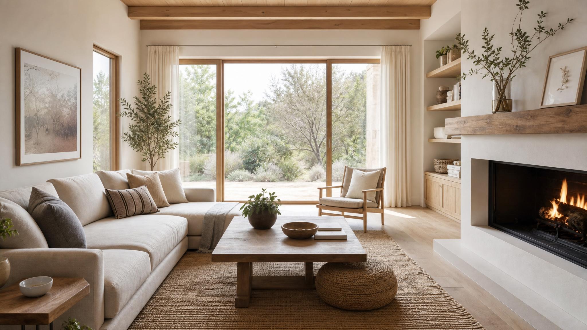 A beautifully staged Nordic living room with light colors and natural wood elements.