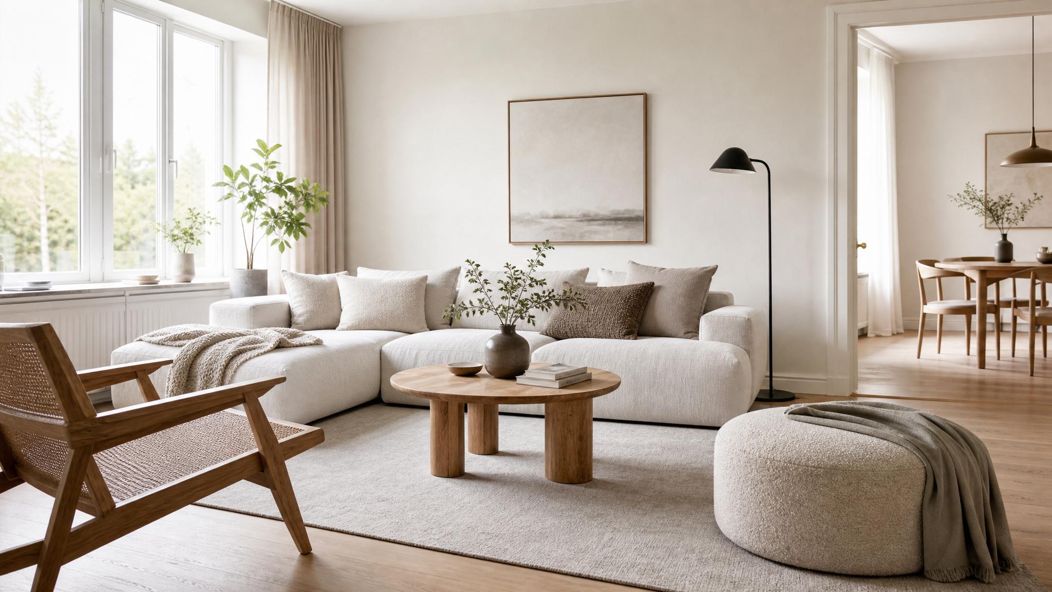 An airy minimalist Nordic living room featuring neutral colors and natural lighting.