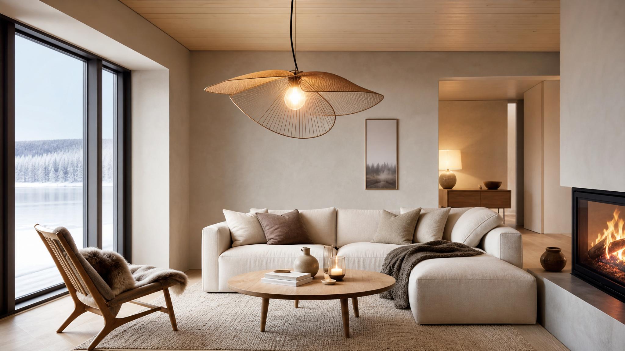 A Nordic living room showcasing a unique pendant light fixture and warm lighting.