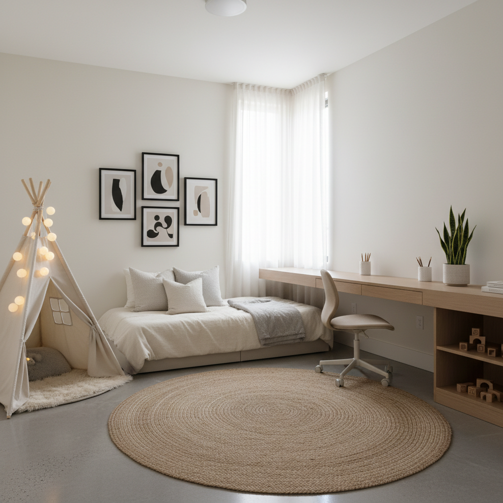 Minimalist kids bedroom with neutral colors and clean lines