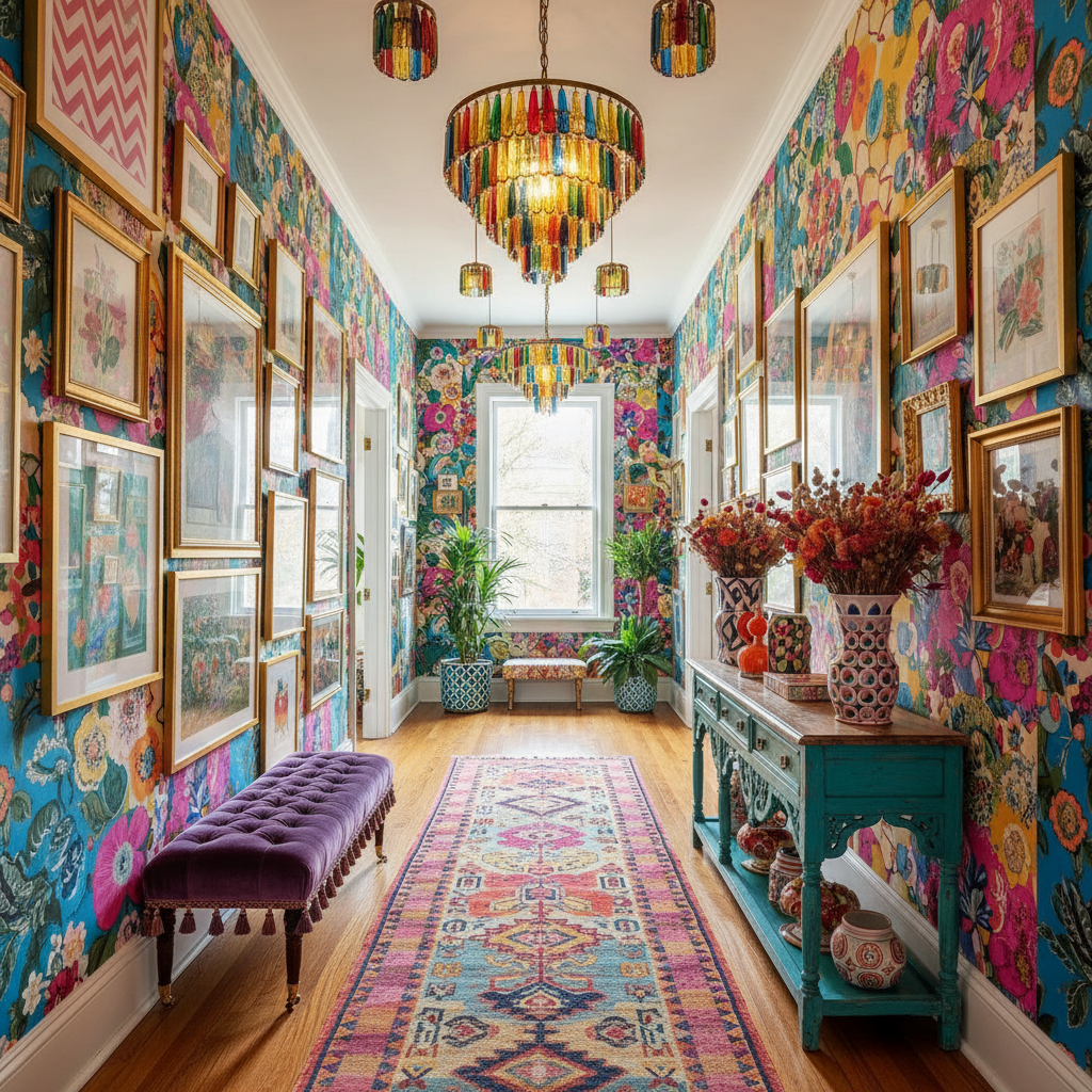 A vibrant maximalist hallway featuring a collage of patterns and bright colors.