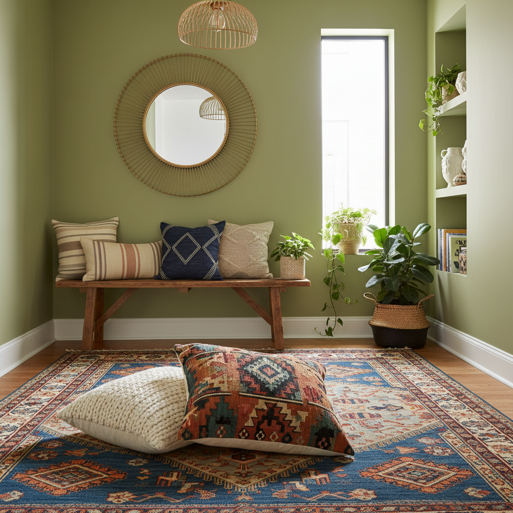 Textured pillows and a patterned rug in a lively hallway setup.