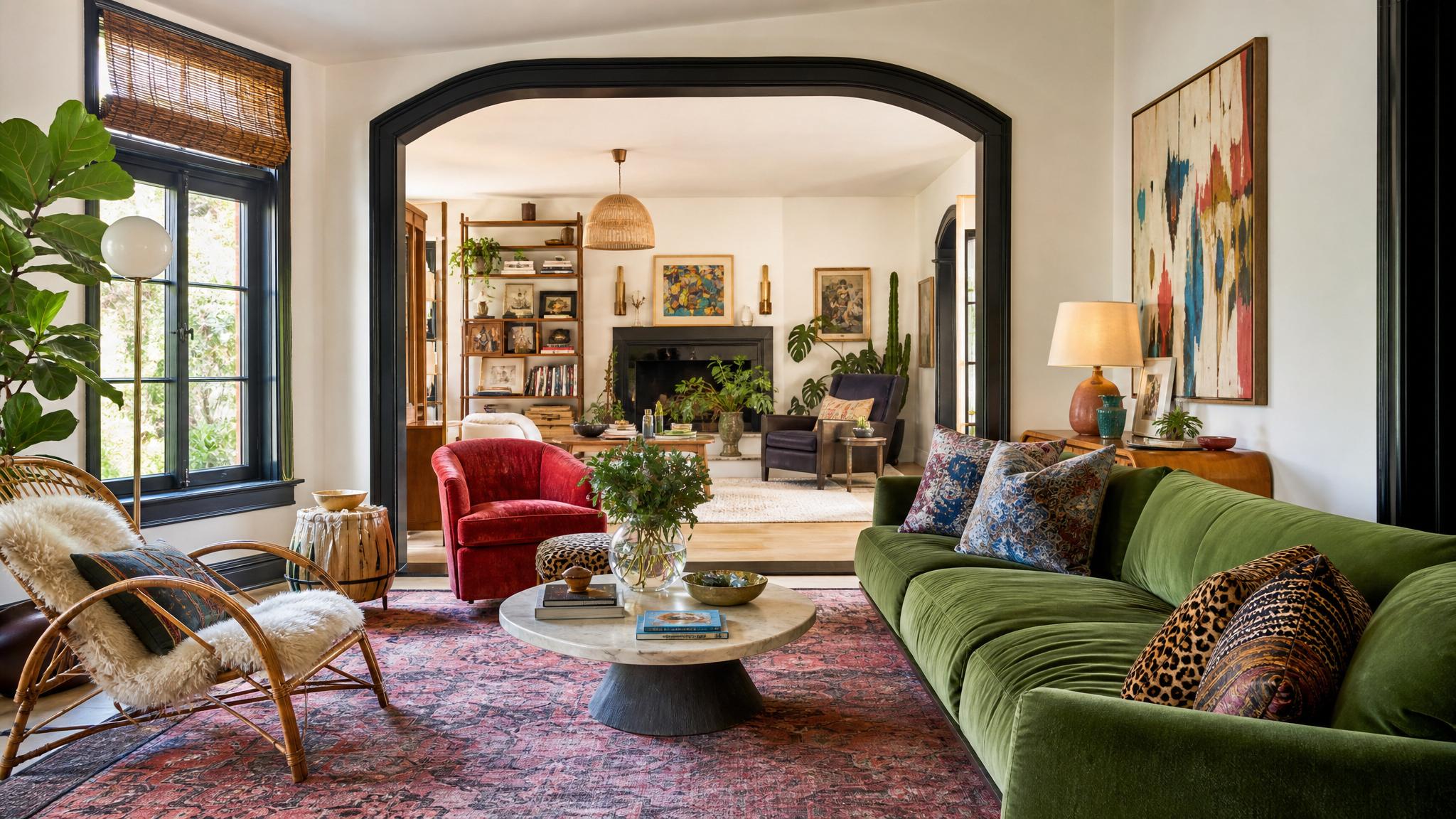 Colorful and eclectic maximalist living room design