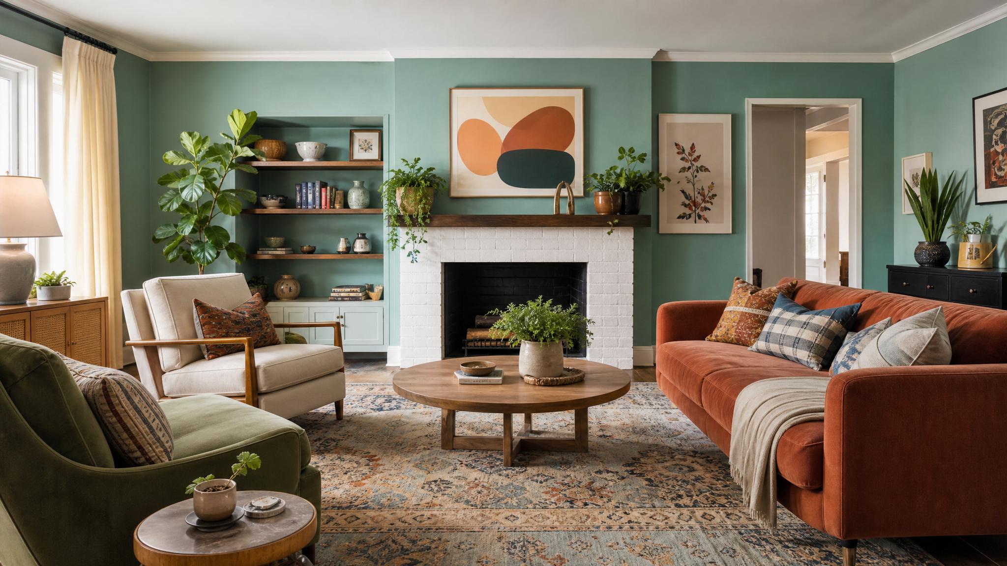 Eclectic furniture arrangement in a colorful living room