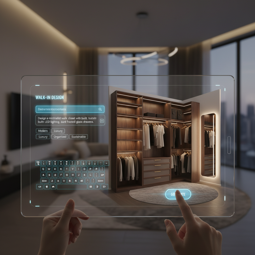 Image of a tech interface where a user inputs design prompts for a walk-in closet.
