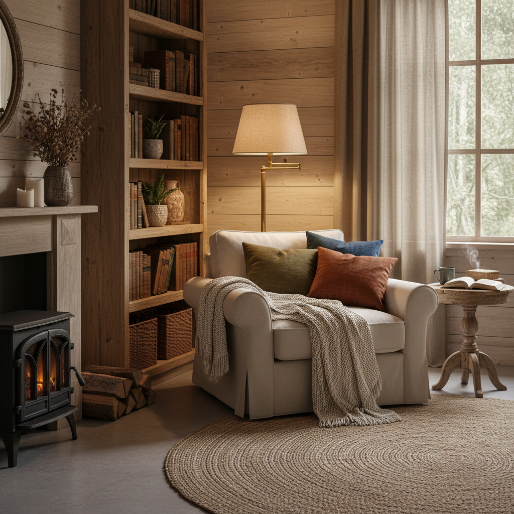 Cozy rustic reading nook with wood accents and soft textiles.
