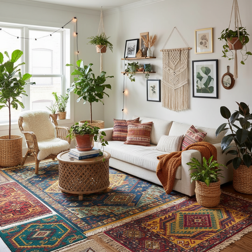 A cozy bohemian small living room design with colorful rugs and plants.