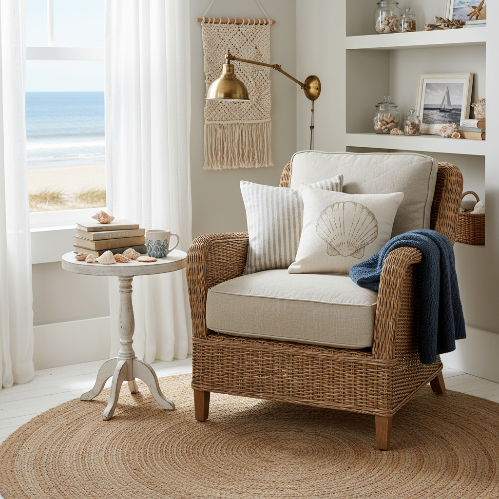 Image of a cozy coastal reading nook with seashell decorations and a comfy chair.