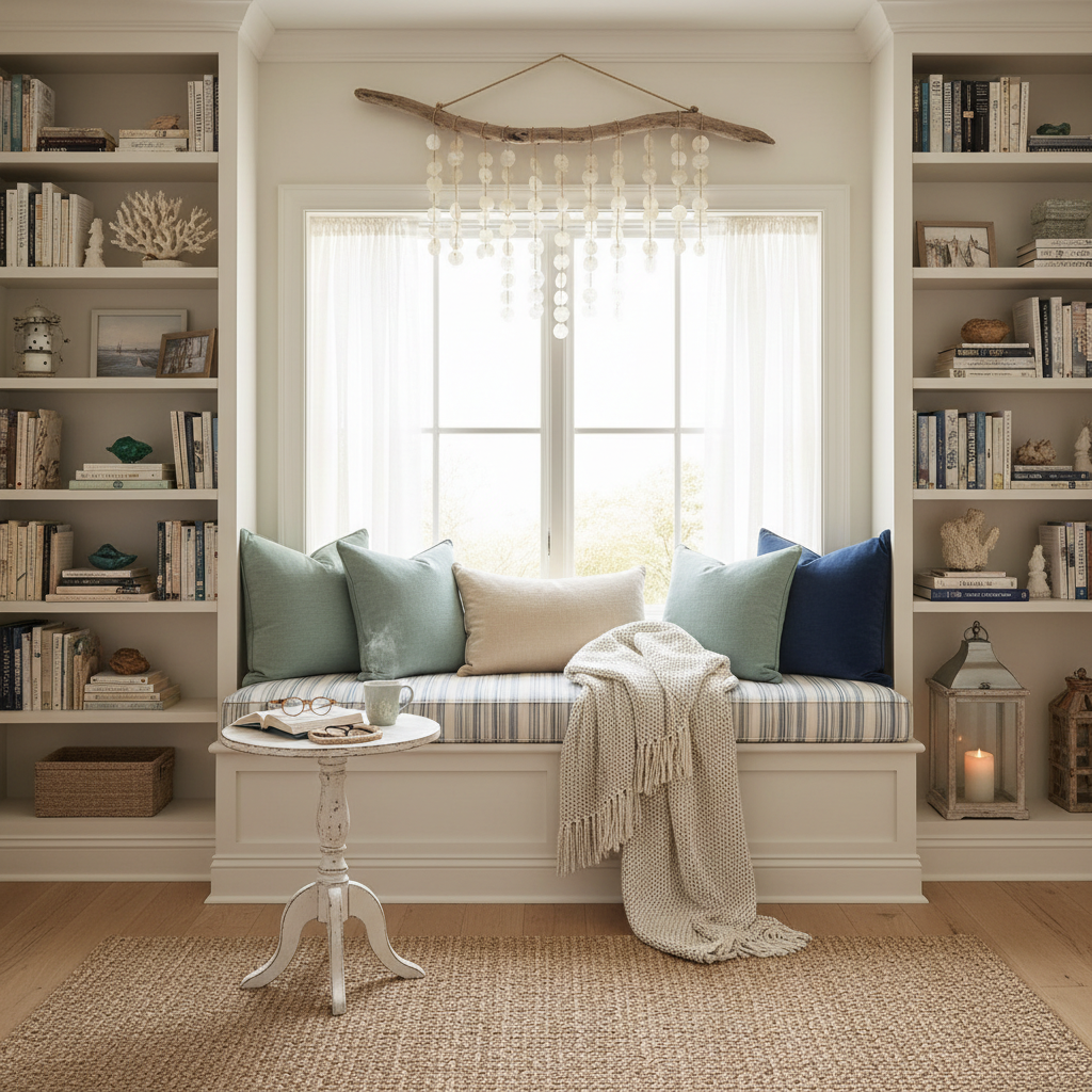 Image showcasing a cozy reading nook with bookshelves and coastal decor.