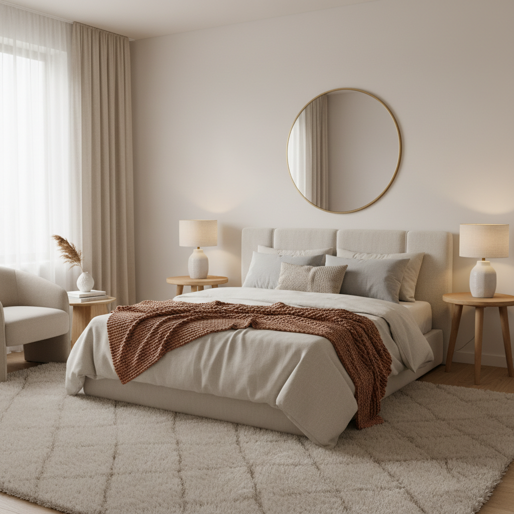 A warm minimalism bedroom design featuring soft colors, simple furniture, and cozy decorations.