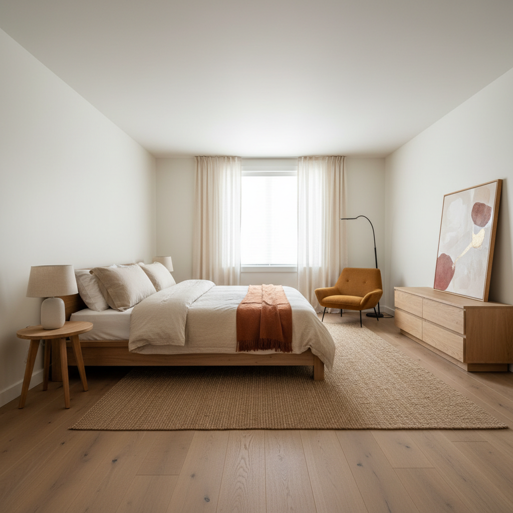 A layout showing simple furniture arrangement in a master bedroom designed in warm minimalism.