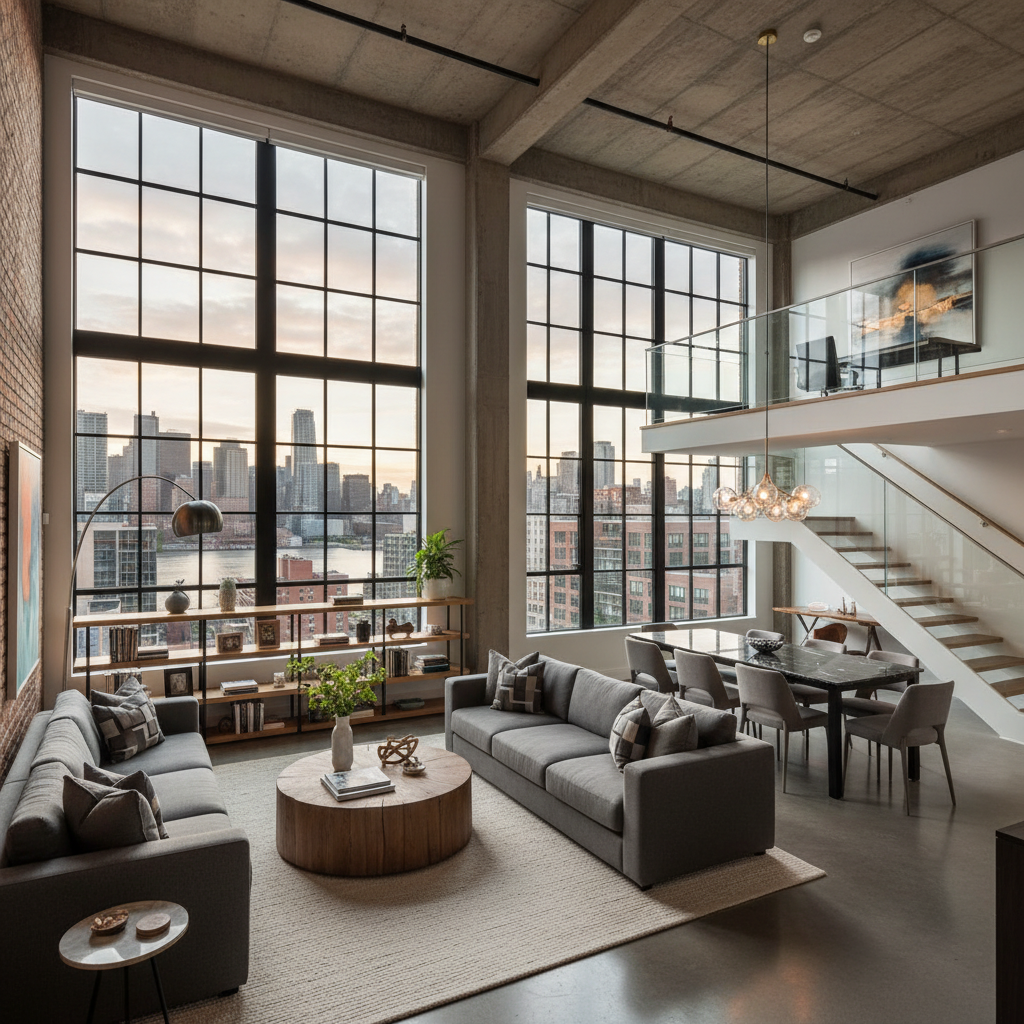 Image of a stylish, modern urban loft interior showcasing open space with high ceilings and large windows.