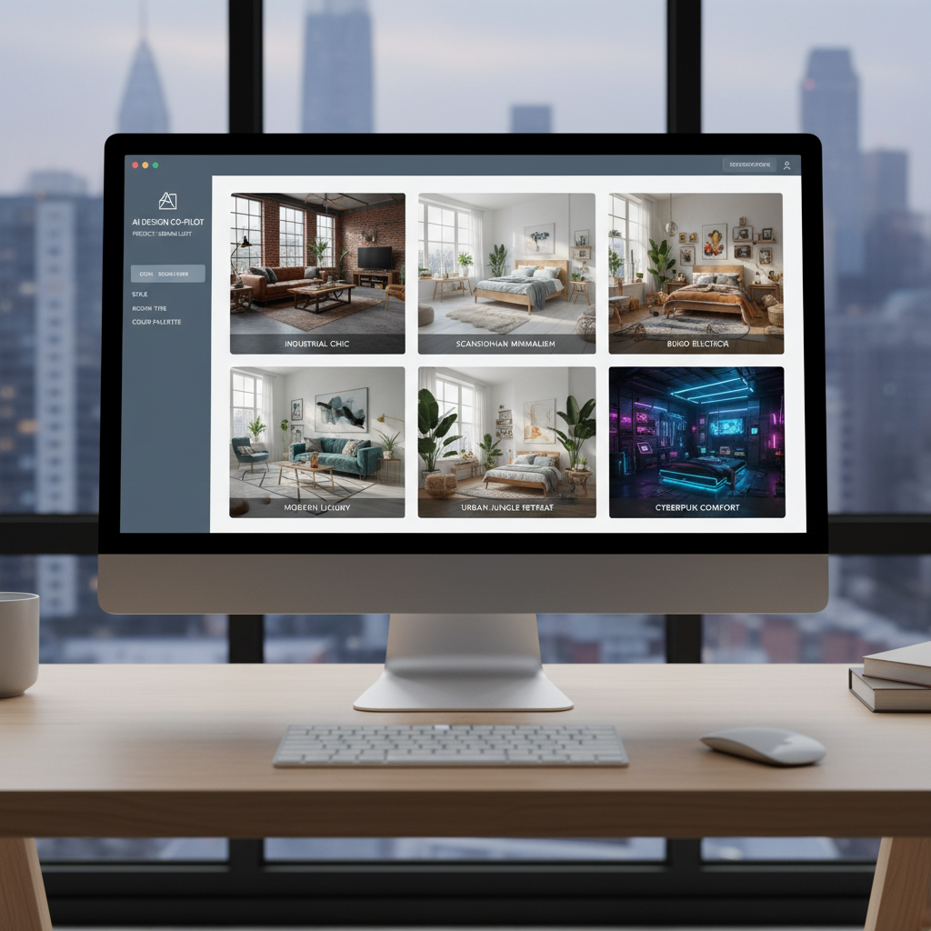 Screenshot of an AI interior design tool user interface showing generated design prompts for an urban loft.