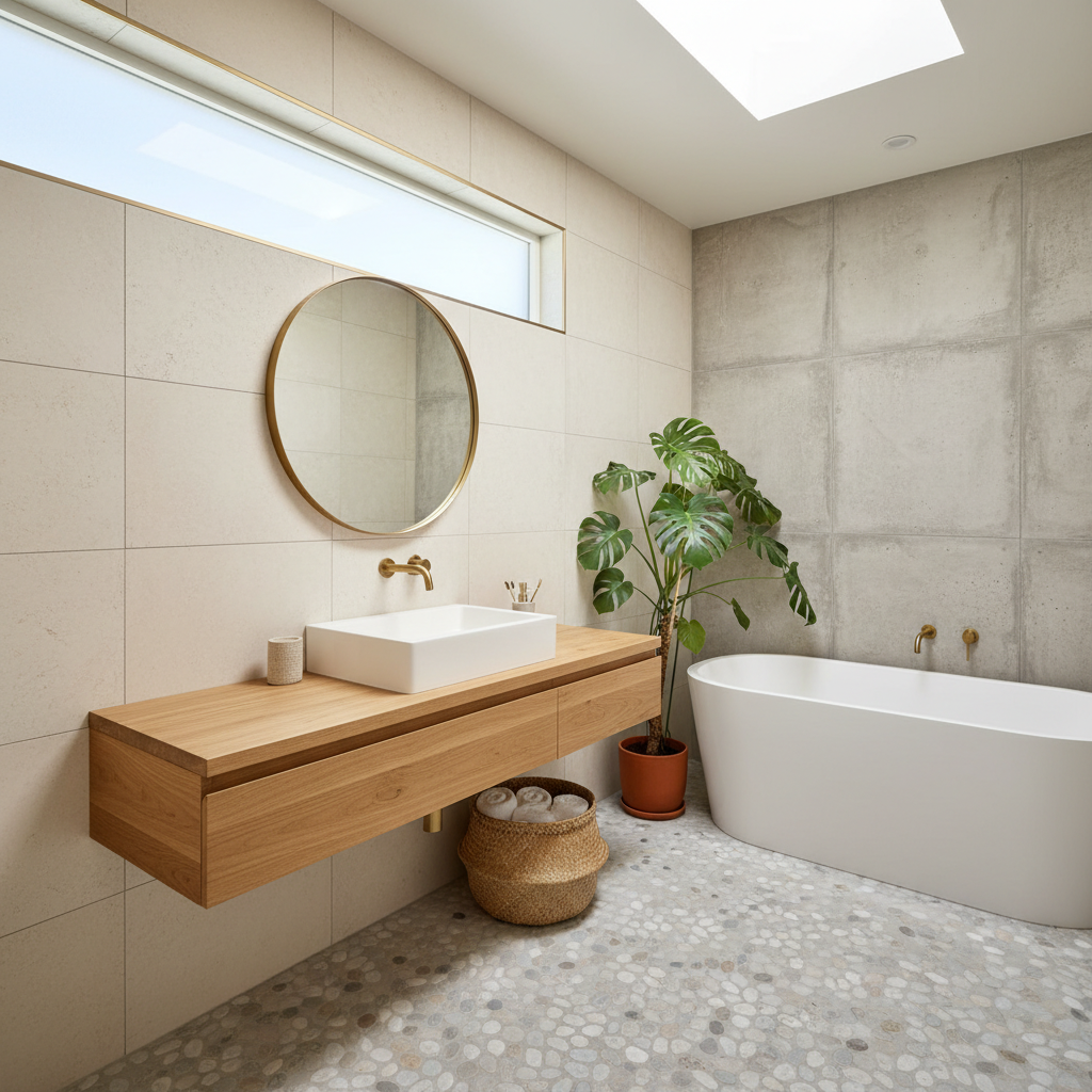 Image showcasing a California modern small bathroom with natural elements.
