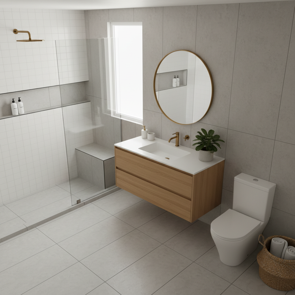 Image showing a layout of a small California modern bathroom.