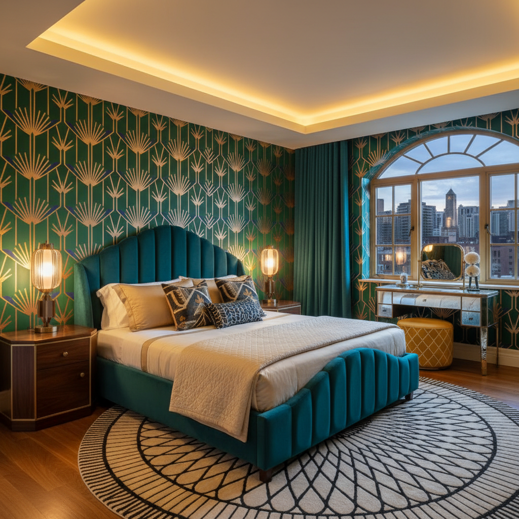 An Art Deco inspired guest bedroom interior featuring geometric patterns and rich colors.