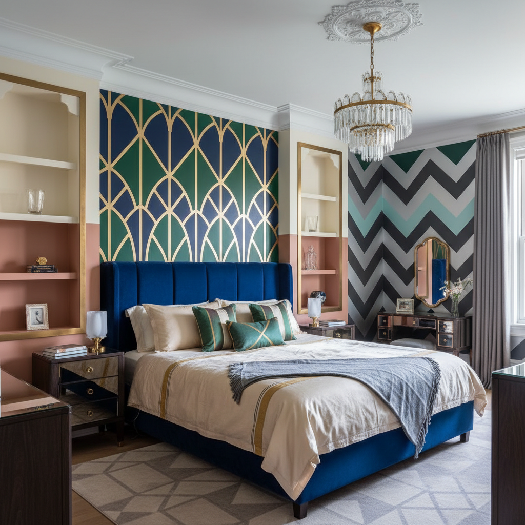 Visual examples of Art Deco paint combinations showcasing different shades and their applications in the guest bedroom.