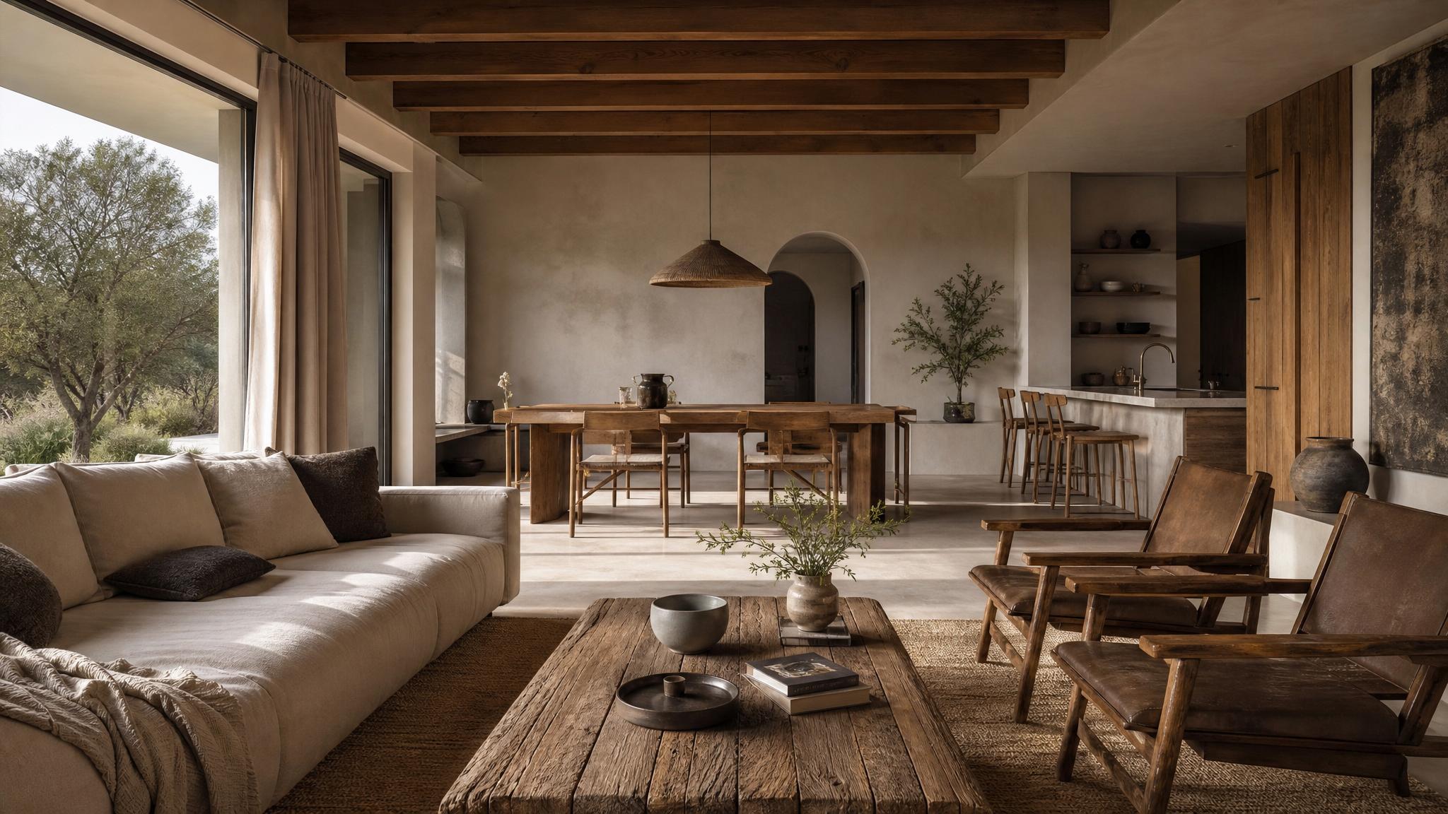 After photo of an open-plan living room styled in wabi-sabi look