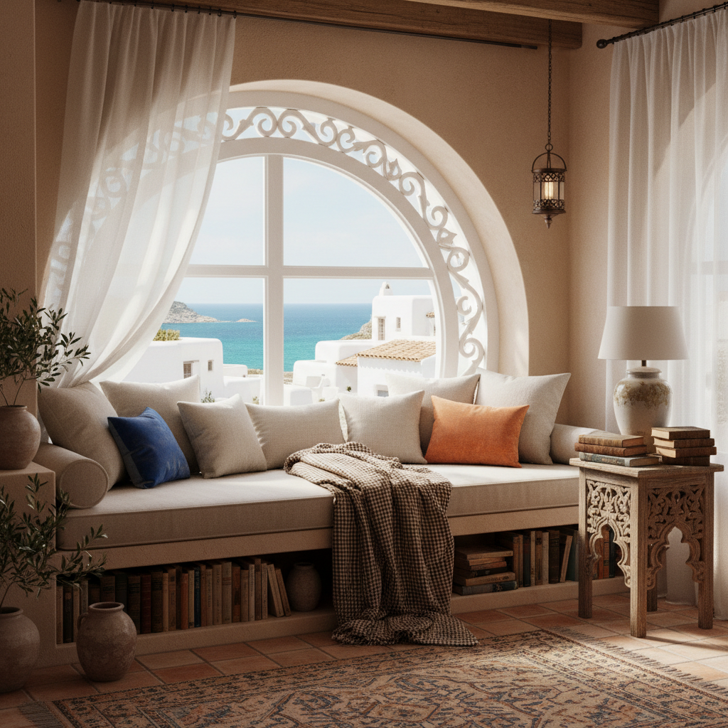 A cozy Mediterranean reading nook with a window view, featuring soft furnishings, books, and decorative elements.