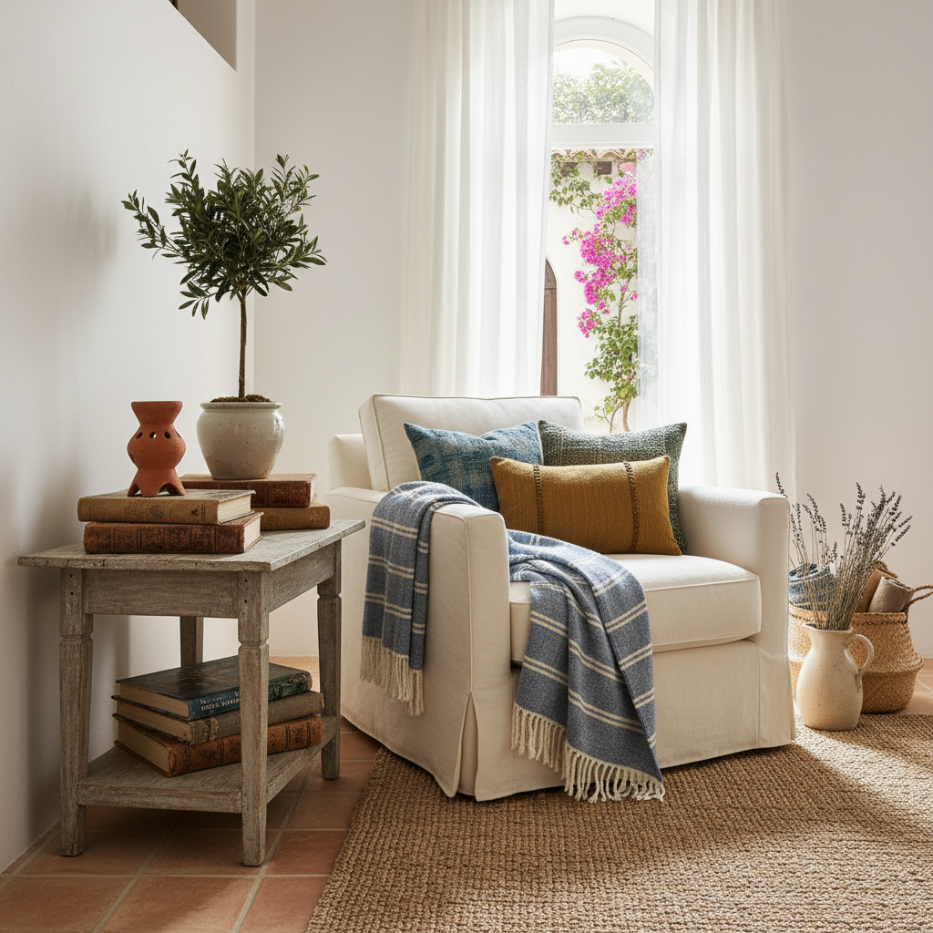 A collection of Mediterranean-themed accessories like books, plants, and cozy textiles in a reading nook.