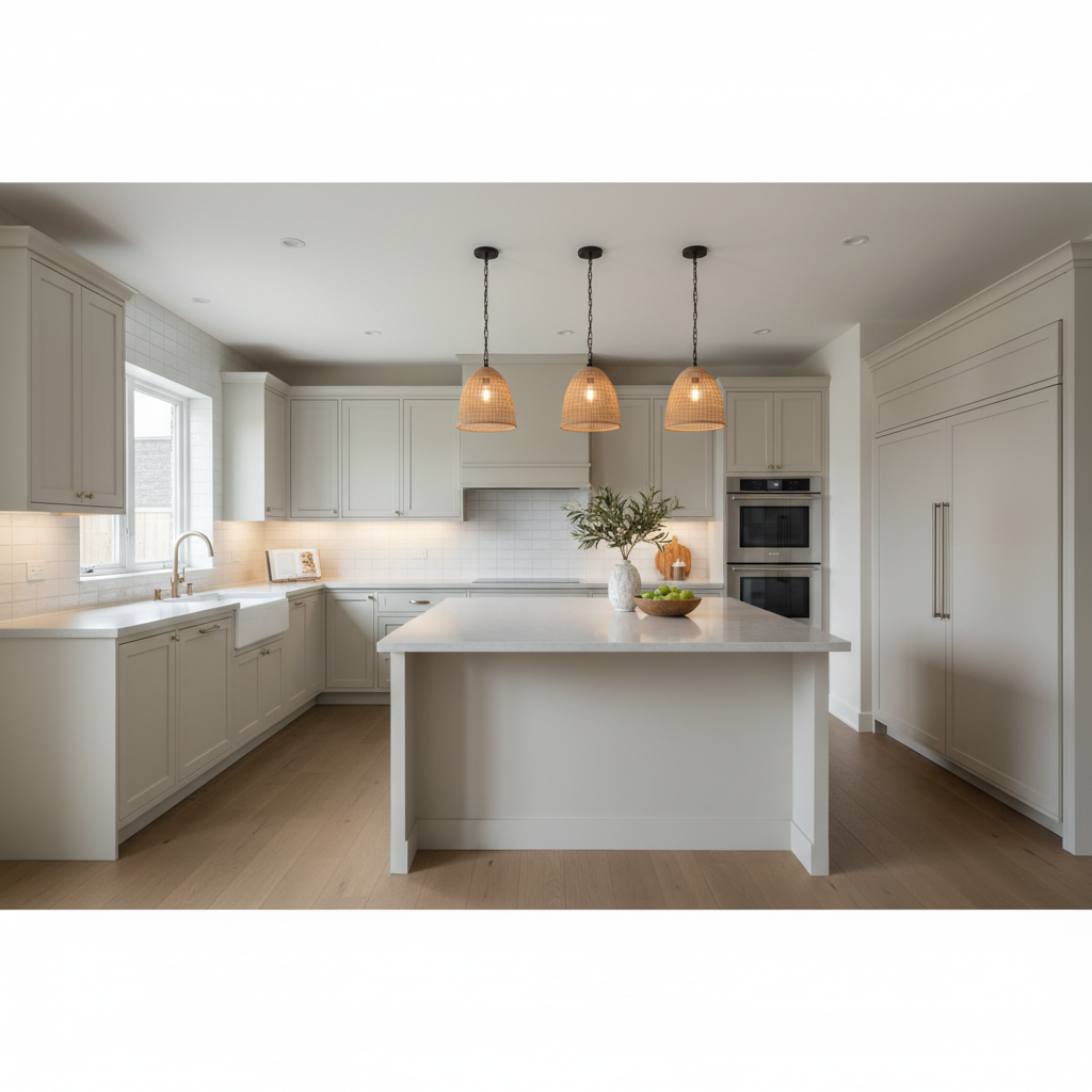 Transitional kitchen design showcasing neutral color palette and clean cabinetry