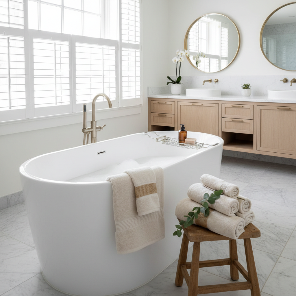 A beautifully staged bathroom showing a clean tub with decorative towels.
