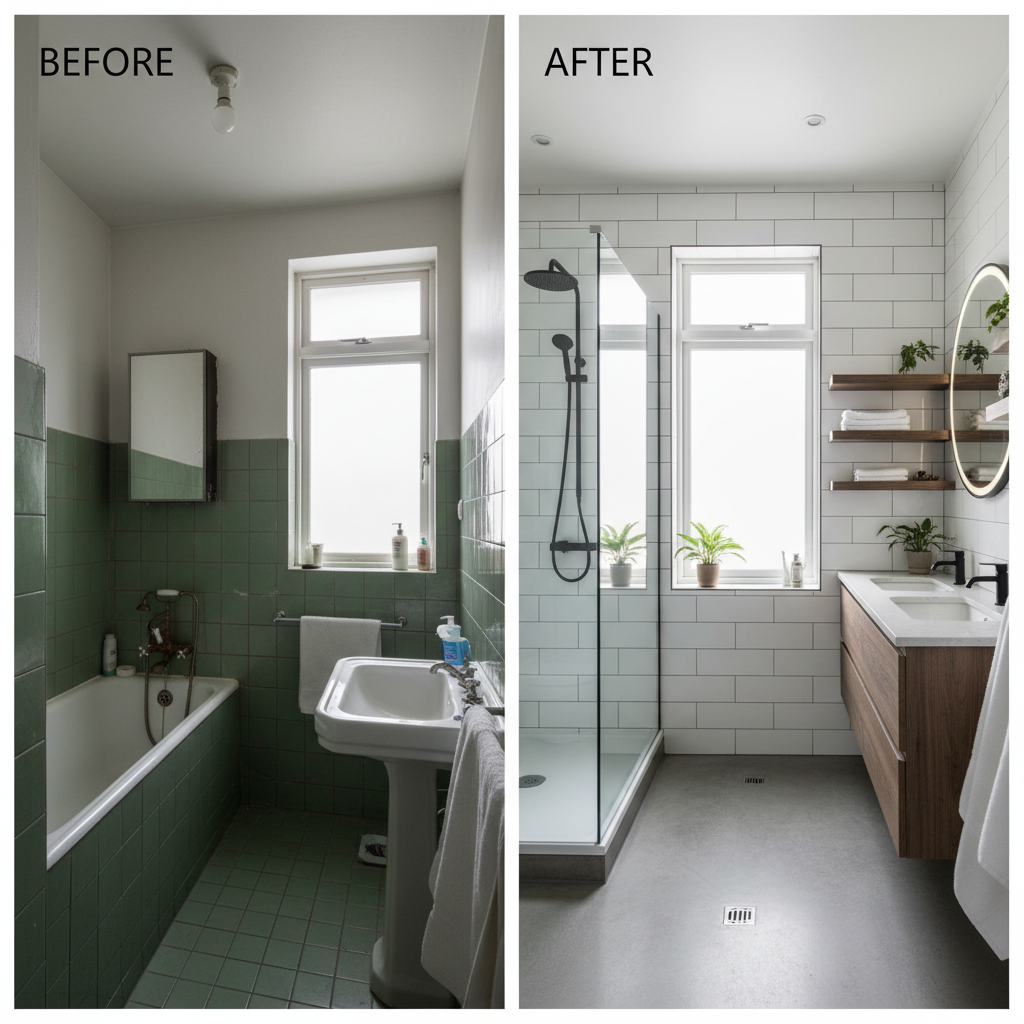 A before-and-after comparison of a bathroom renovation.