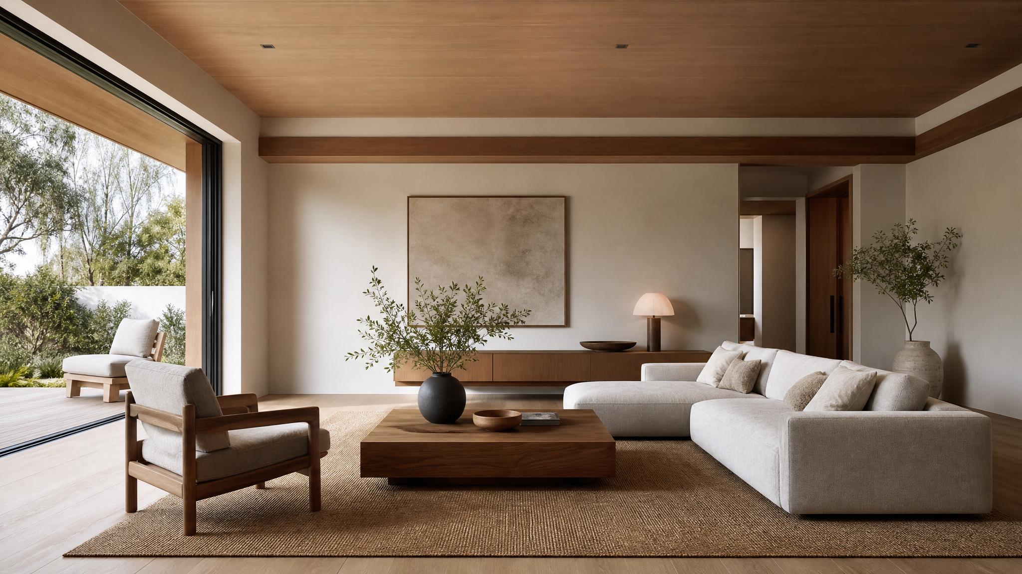 Example of a Japandi living room with minimal decor and natural materials