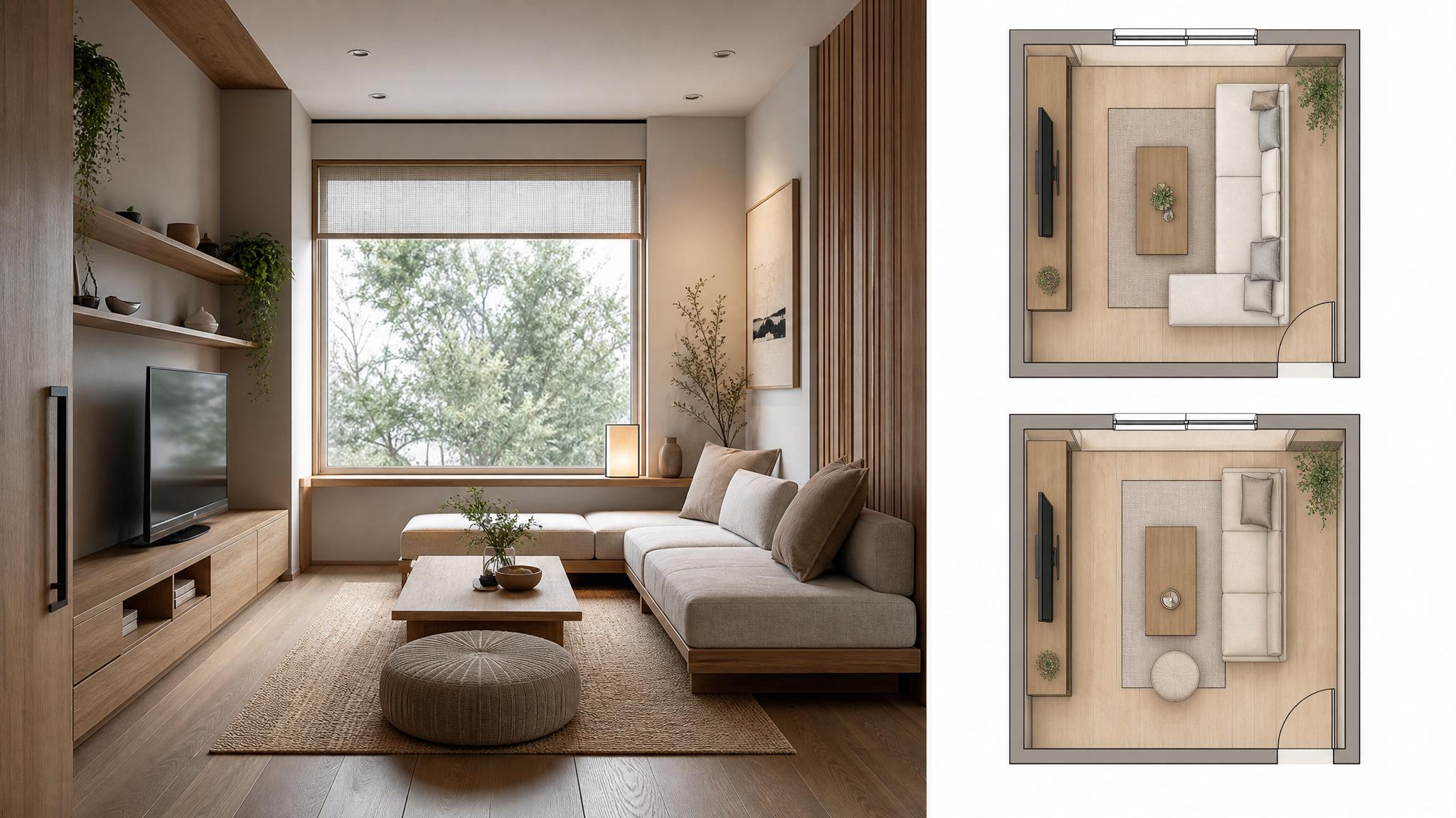 Layout diagram for a tiny Japandi living room showing space-saving furniture arrangements