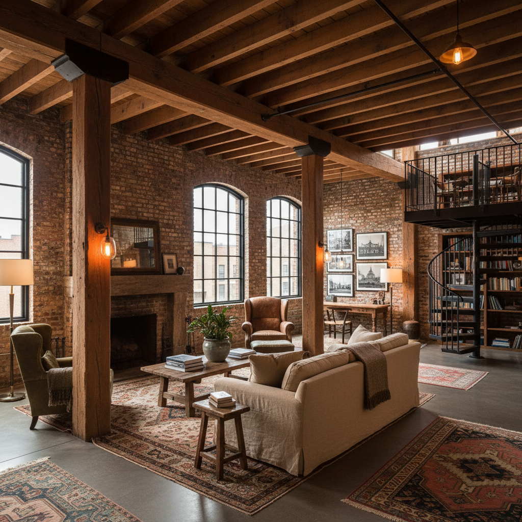 Image of a rustic loft interior design featuring wooden beams, exposed brick, and warm lighting.