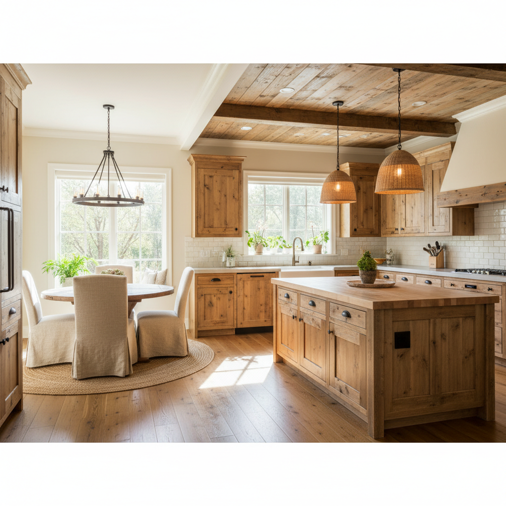 Image of a well-designed kitchen with rustic wooden cabinets and a cozy dining area.