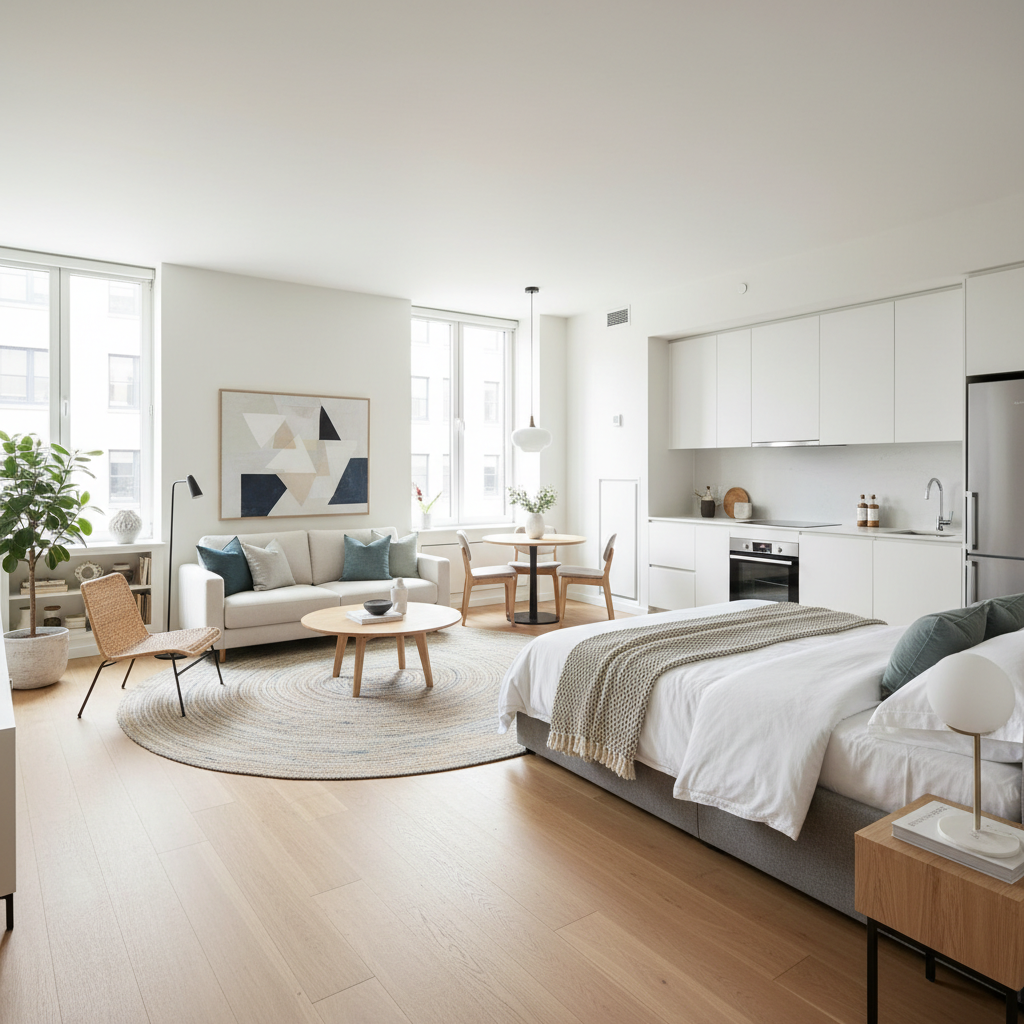 Image of a bright, well-staged studio apartment.