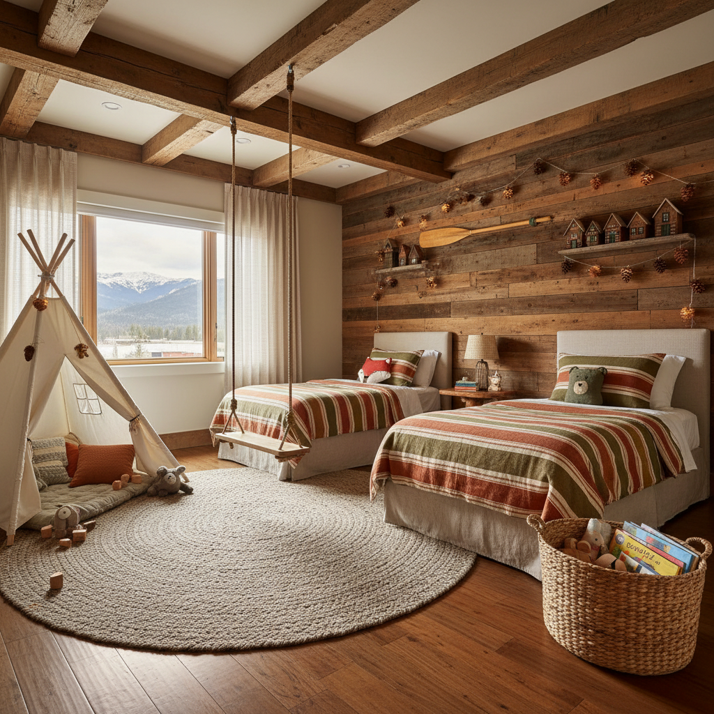 Rustic kids bedroom with wood accents and playful decor