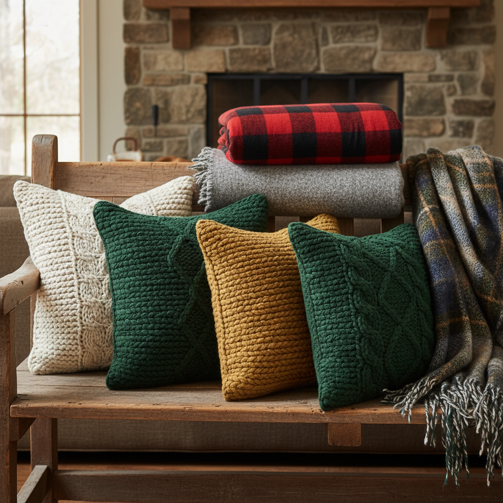 Close-up of rustic textiles like plaid blankets and wool pillows