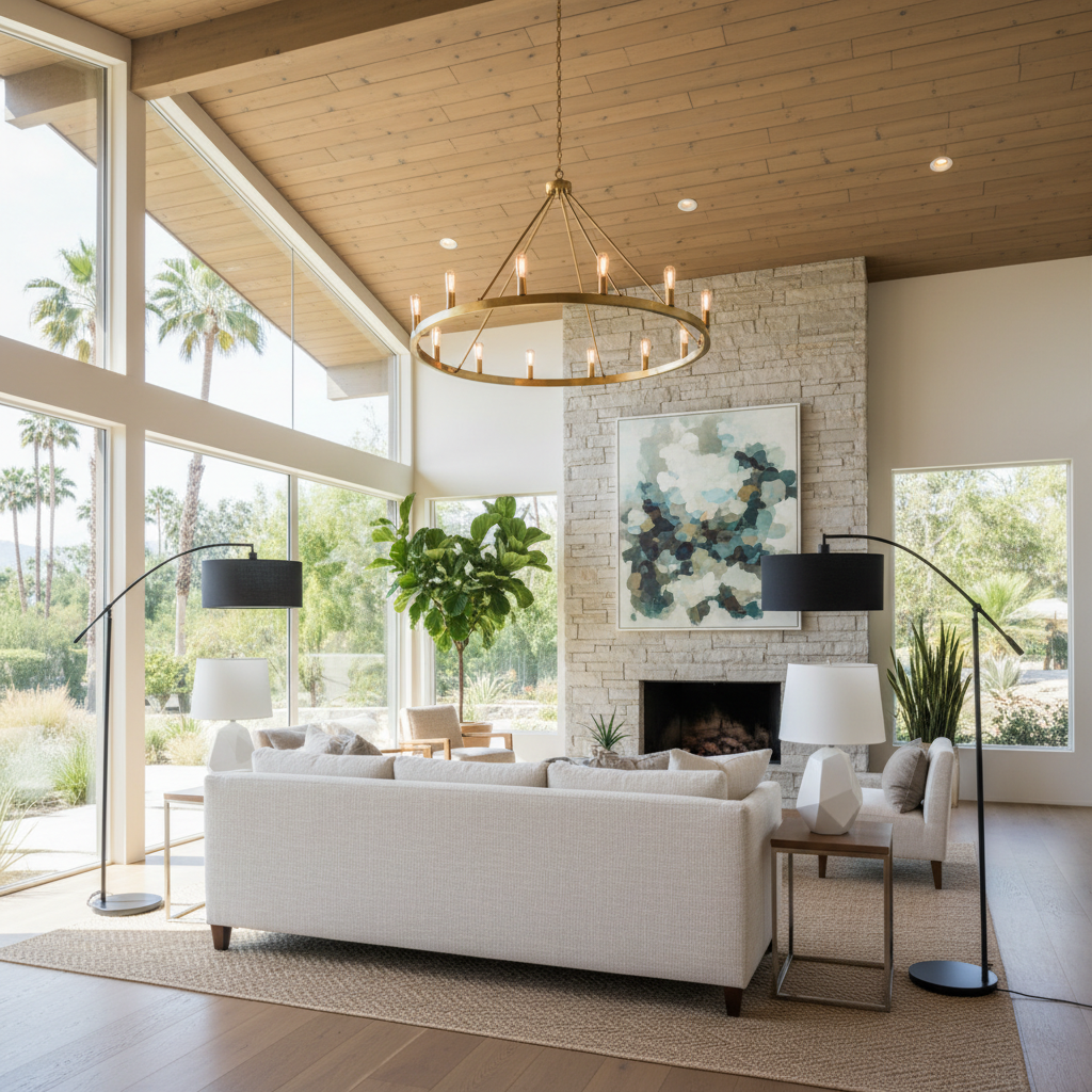 Stylish lighting fixtures in a California modern living room with abundant natural light