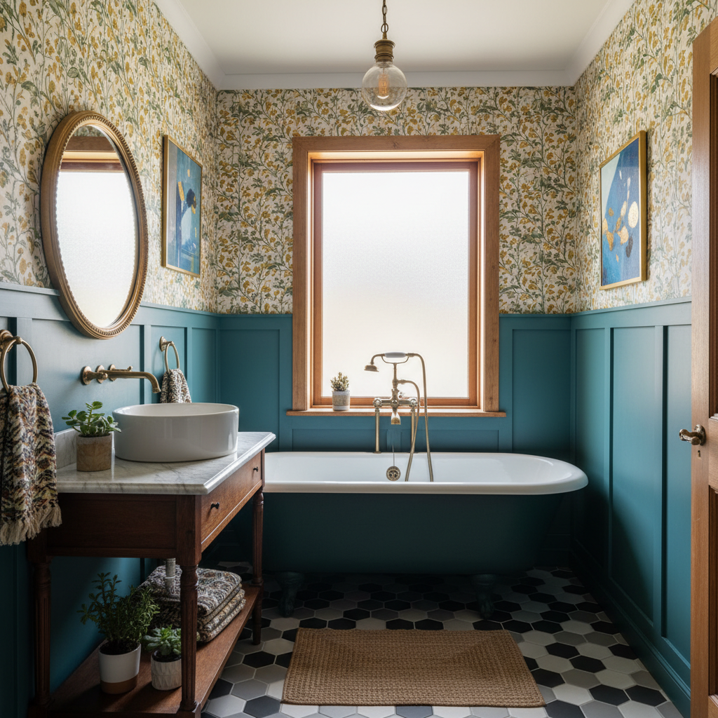 Image of a beautifully decorated eclectic small bathroom