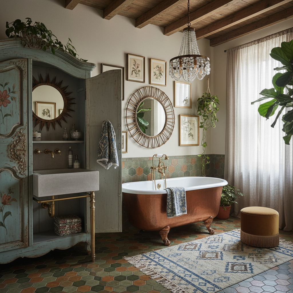 Image of eclectic bathroom fixtures and furniture