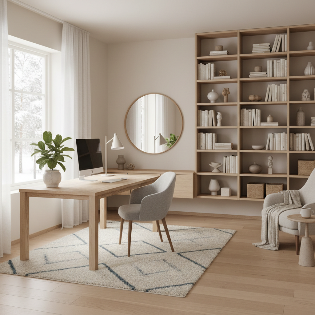 A beautiful Nordic home office with light colors and natural materials.