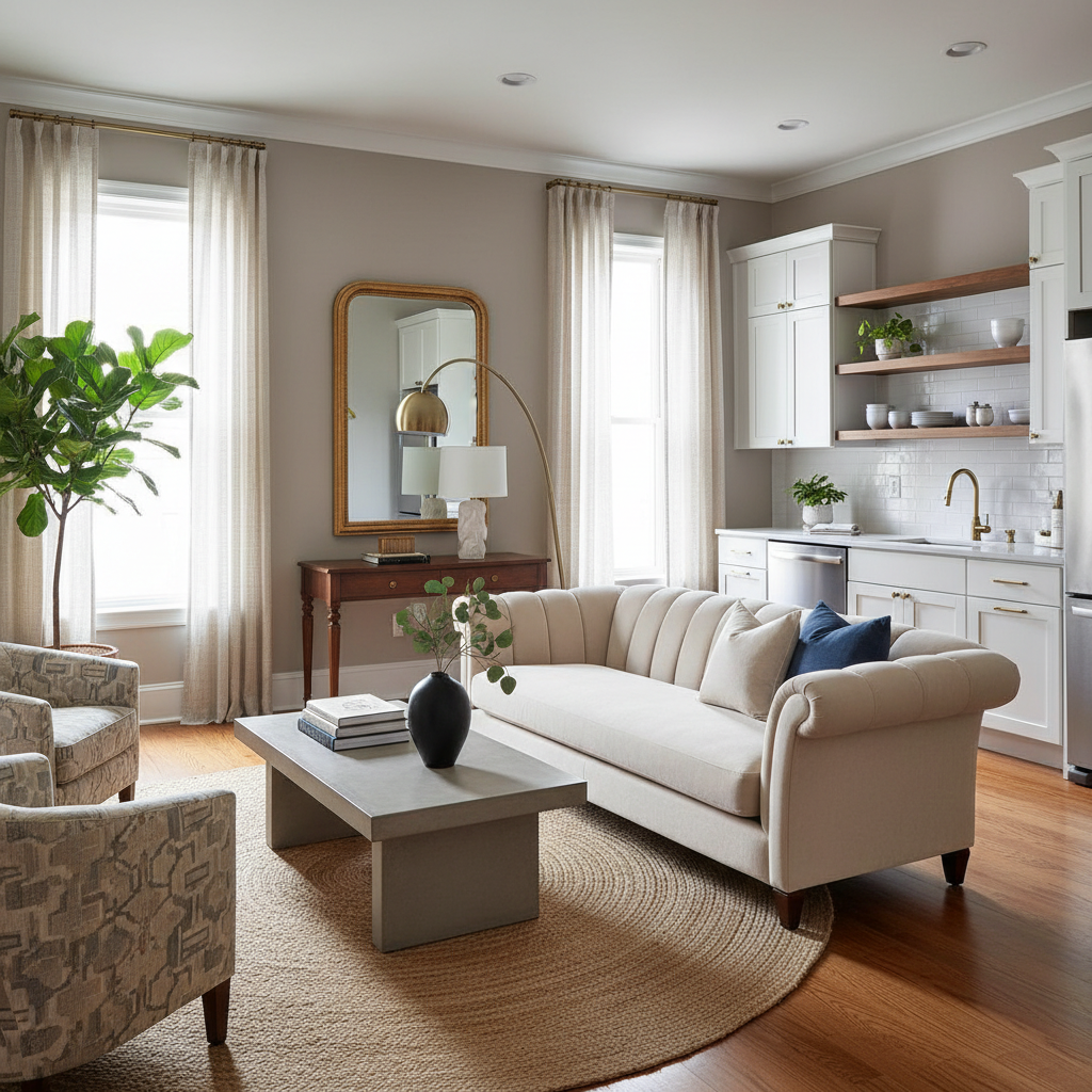 Image of a transitional studio interior, showcasing a mix of modern and traditional furniture styles.