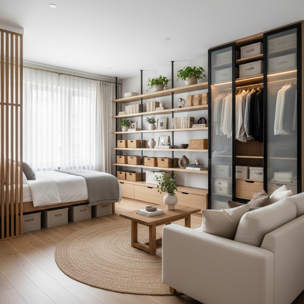 Image of a beautifully arranged transitional studio with organized storage solutions.